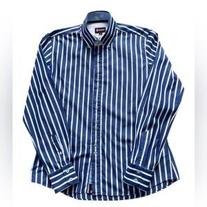 7 Camicie Elegant Italian Blue and White Striped Button Down Shirt